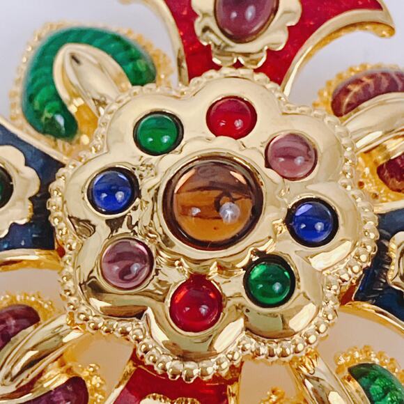 VTG Signed Joan Rivers Byzantine Fleur De Lis Colorful Enamel Brooch Collectible - Picture 7 of 10